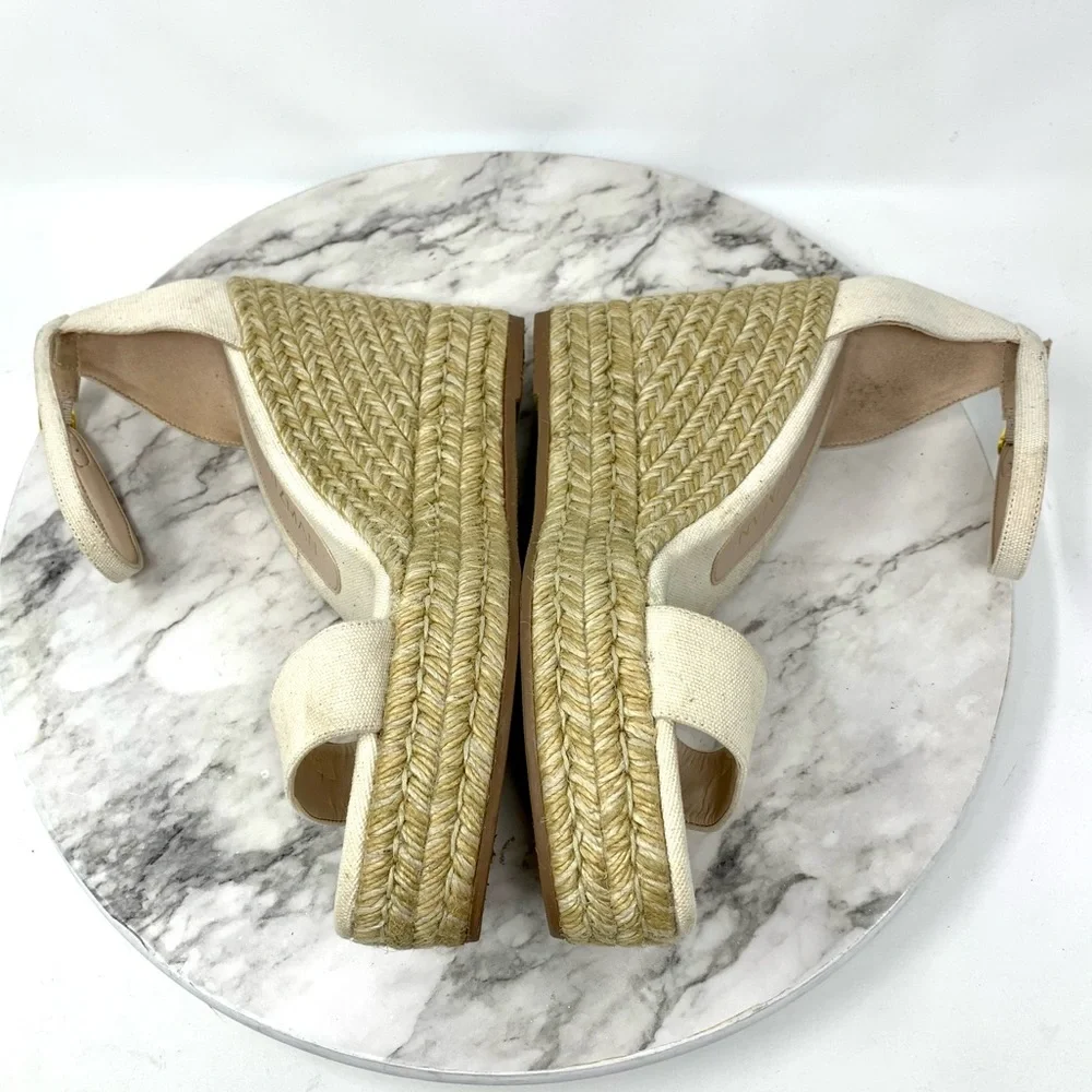 Stuart Weitzman Floria Cream Canvas Espadrille Wedges 8.5 Coastal Resortwear - Picture 7 of 16